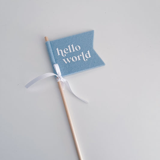 Flag wand - light blue ‘hello world’